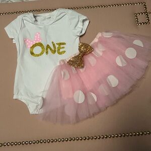 Worn Once! Birthday Girl Minnie Mouse “One” Onesie with Tutu + Sandals